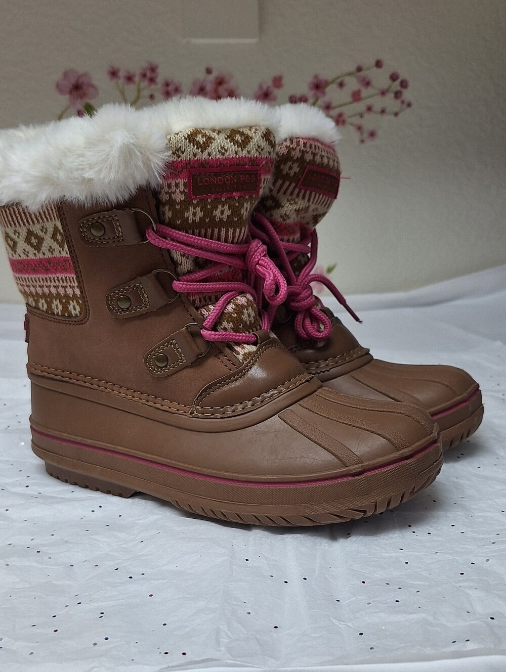 London Fog Brown & Pink Faux Fur Winter Boots Size 4 Girls